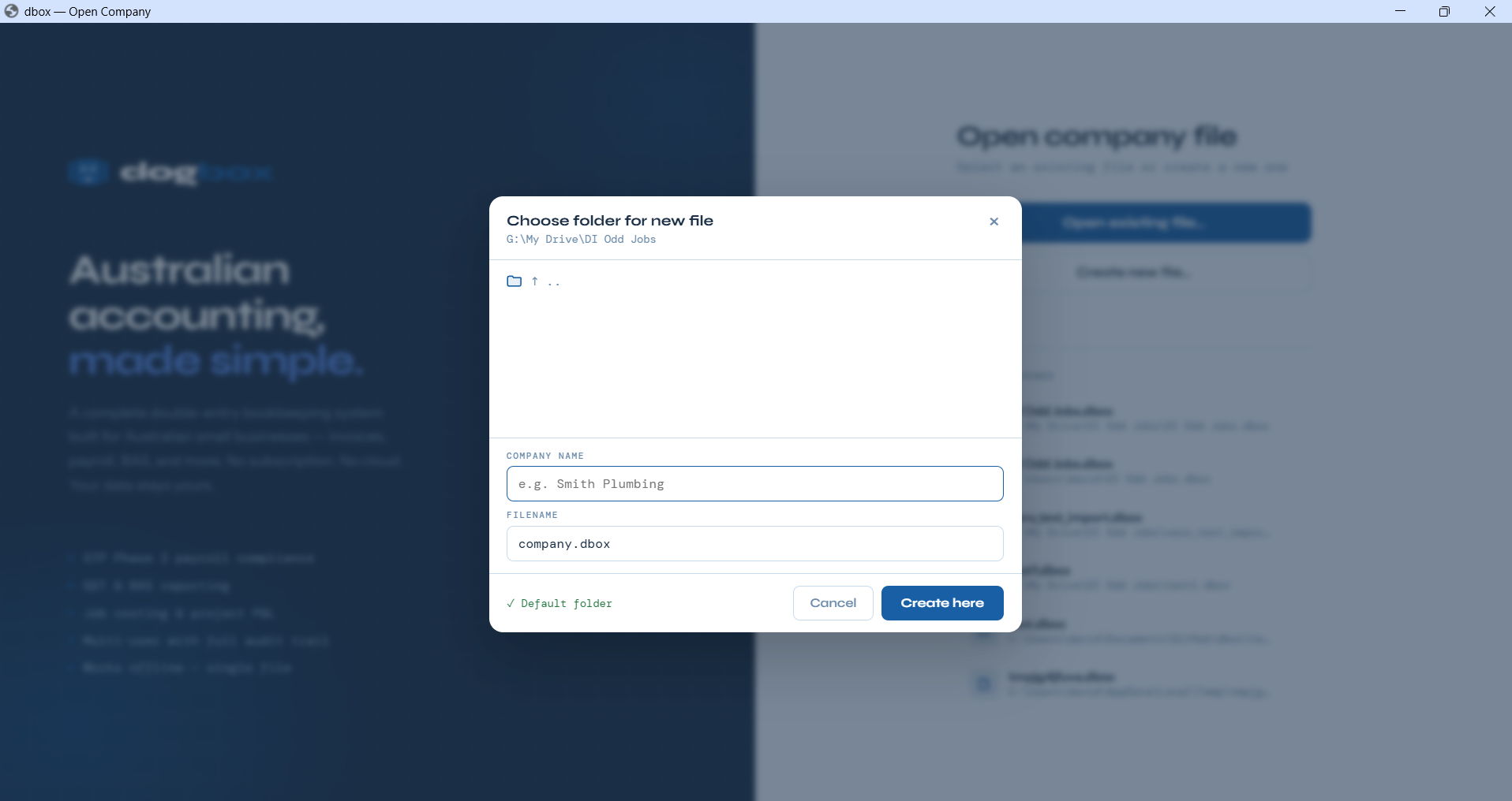 Create new company file dialog
