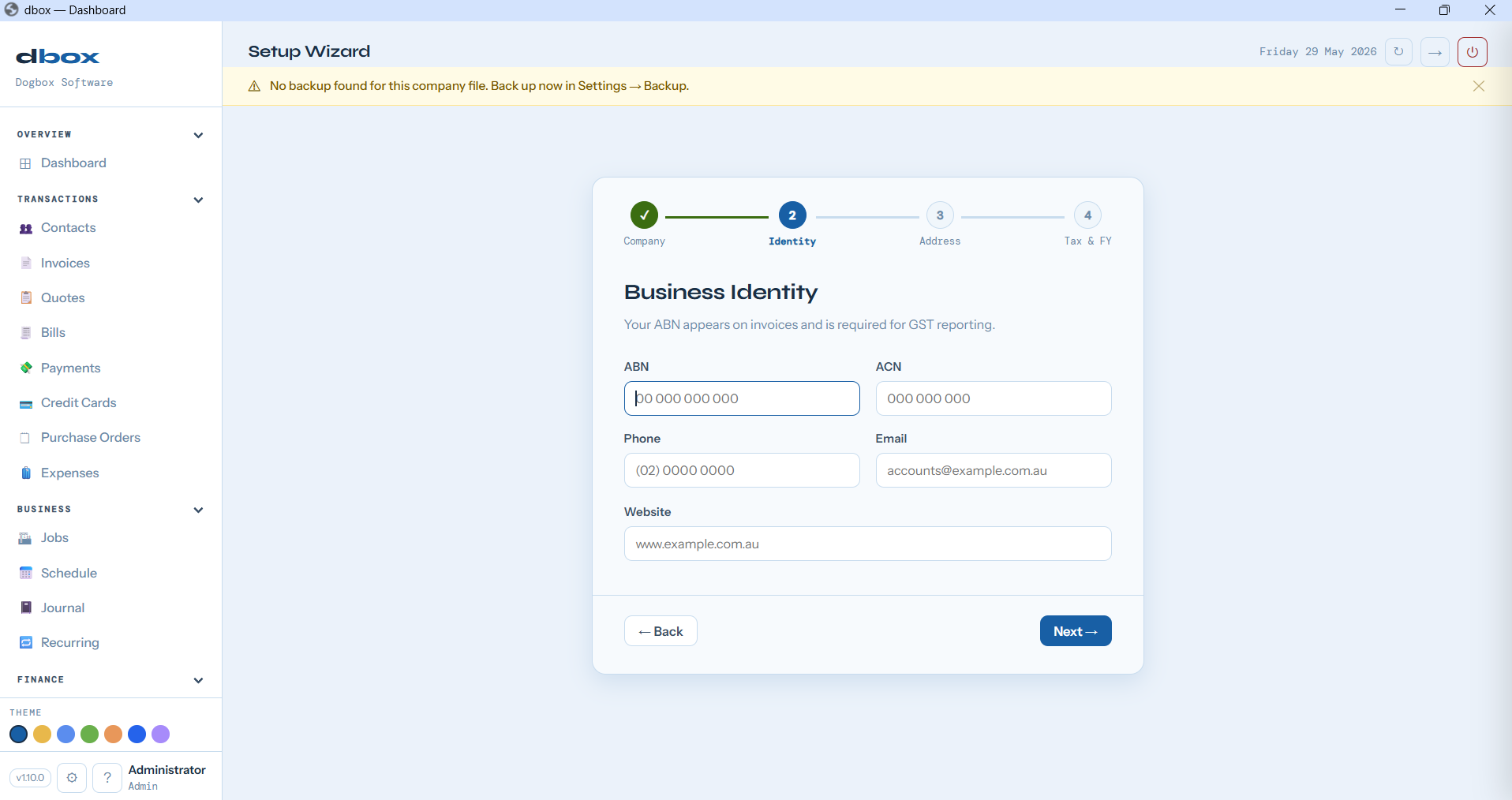 Business identity setup step — ABN, phone and email