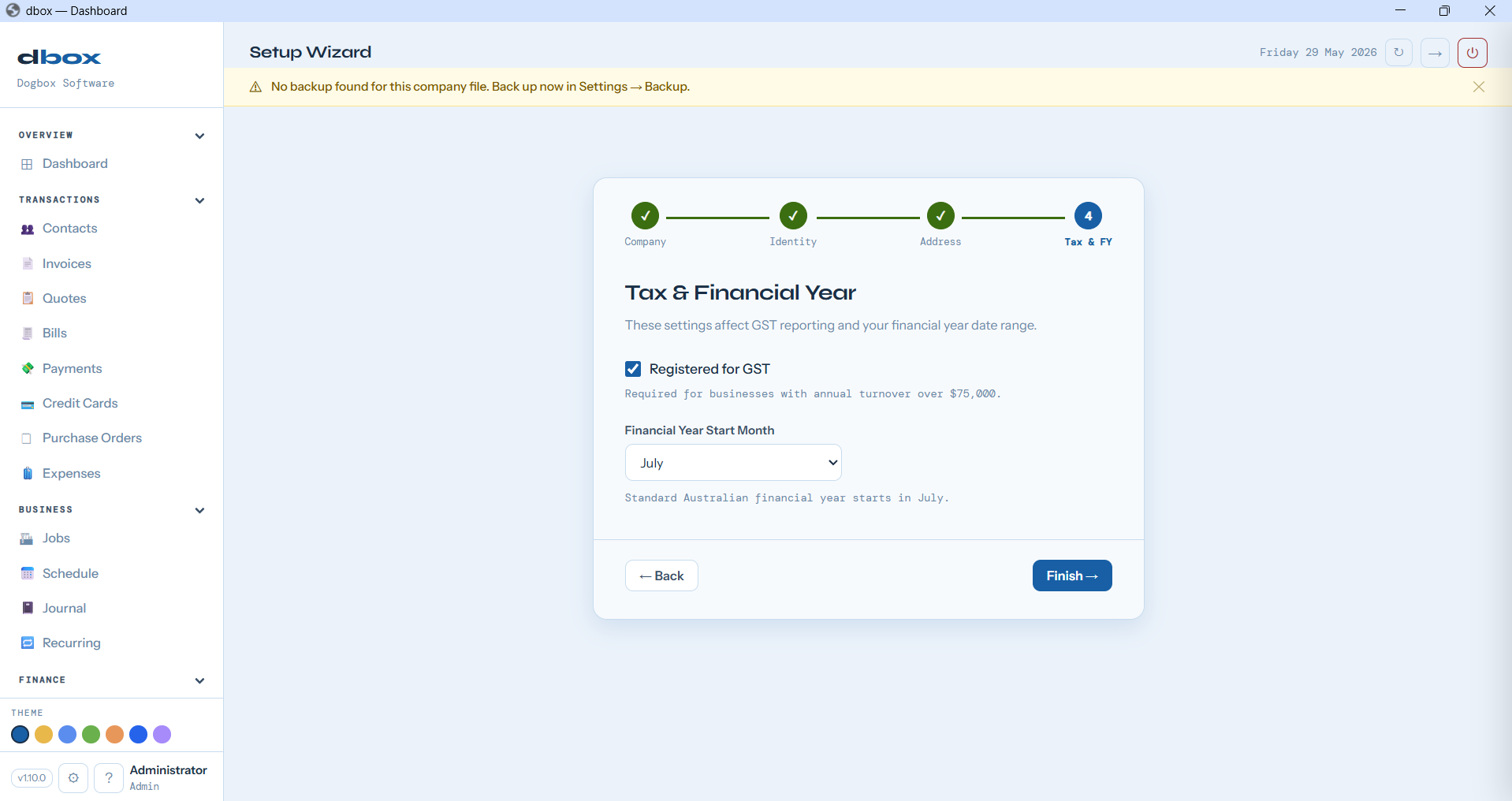 Tax and financial year setup — GST registration and FY start month