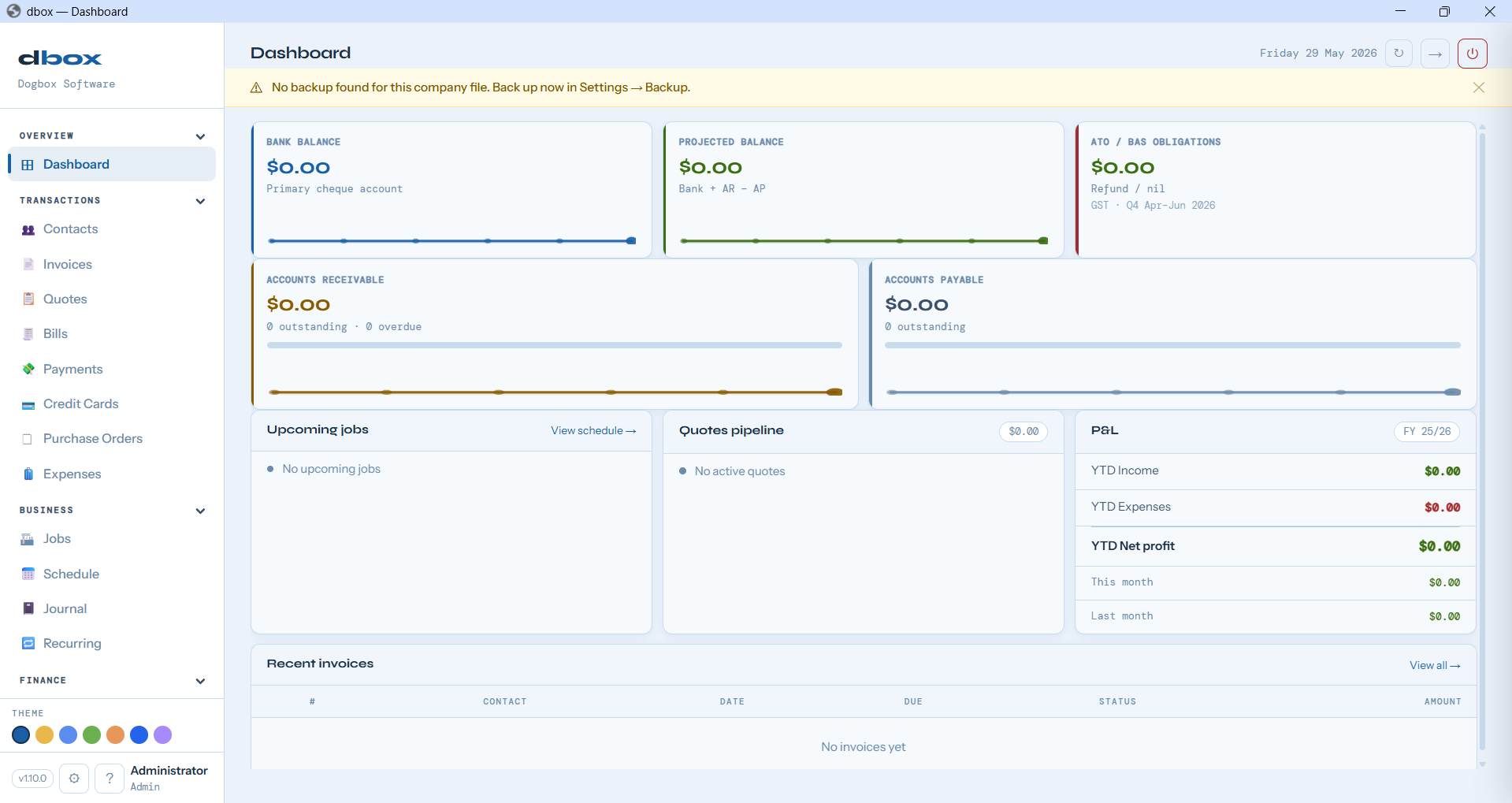 Dogbox dashboard showing bank balance, accounts receivable, accounts payable and P&L summary
